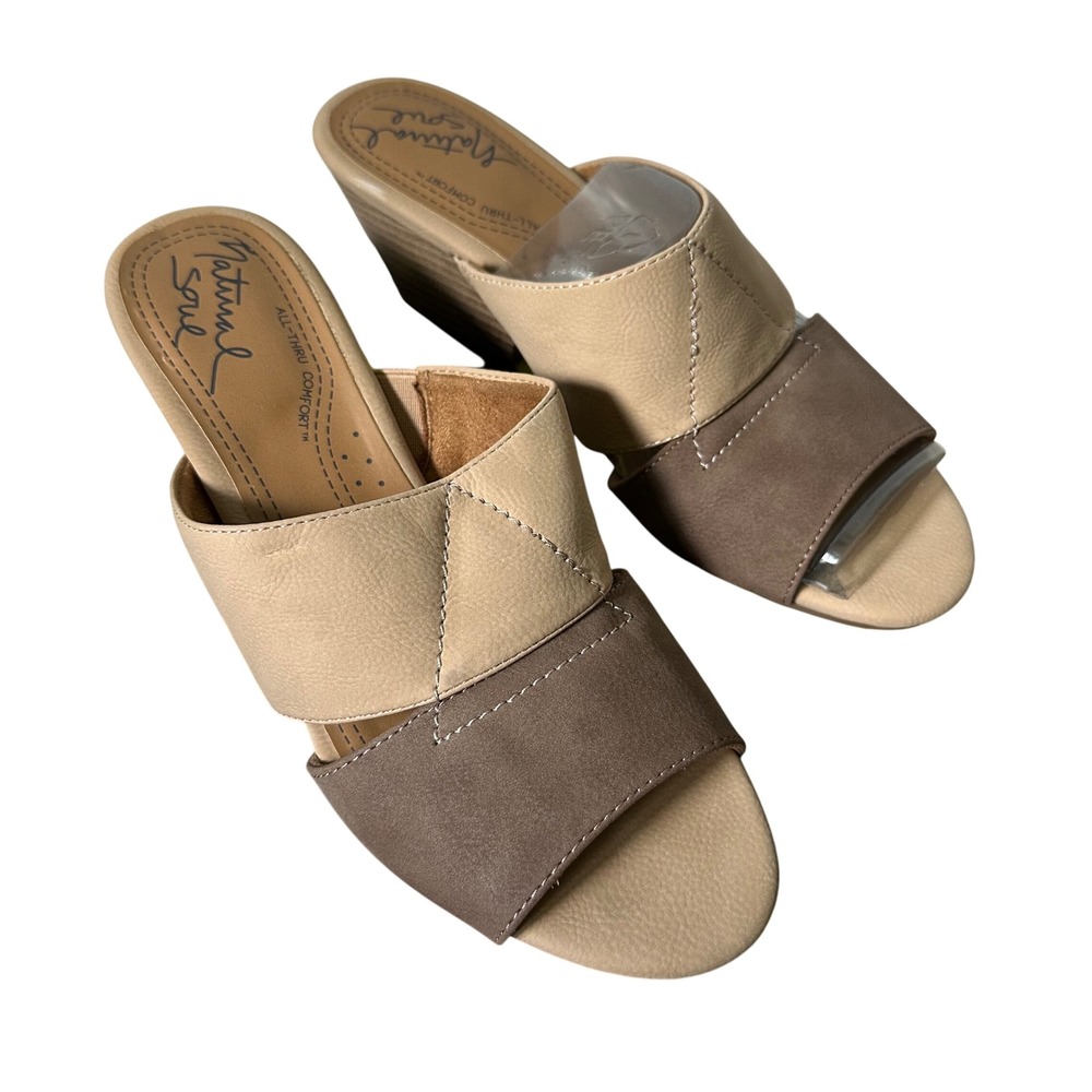 Natural Soul Wedge Sandals Mushroom Buff Open Toe Mules Size 8.5M Comfort